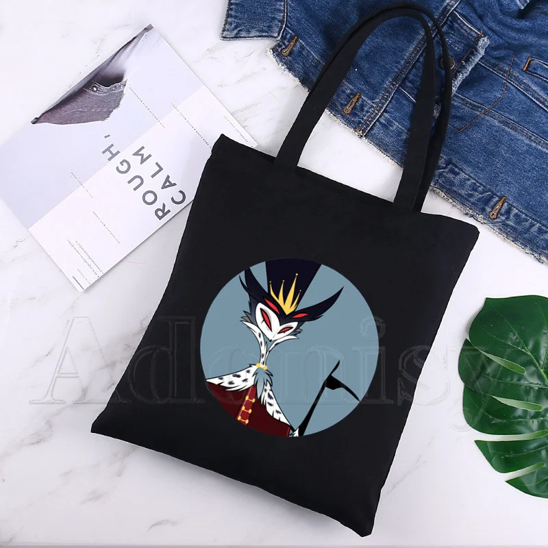 

Helluva Boss Large Women's Shopper Bag Canvas Tote Shoulder Bags Shopping Bag with Print Black Cloth Handbags Eco Friendly