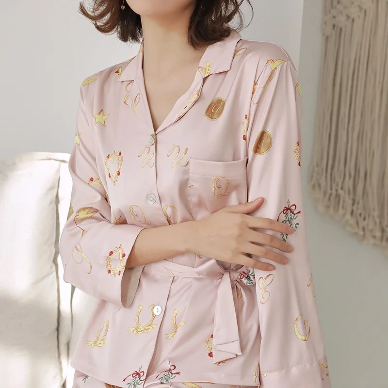 Женский пижамный комплект с длинными рукавами пижама из искусственного шелка