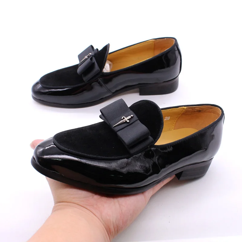 Детские туфли из лакированной кожи и замши вечерние Лоферы без застежки на