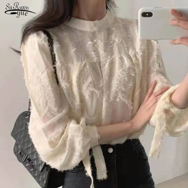 

Spring Autumn 2021 New Korea Chic Women's Blouse and Tops Pink Stand Collar Loose Tassel Raw Edge Design Sense Niche Shirt 16130