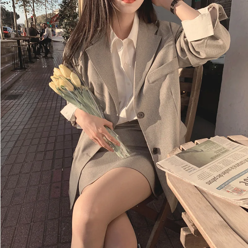 

Women Solid Autumn 2 Piece Set Blazer High Waist Skirt Office Lady Jacket Skirt Suits Sold Separately Women's Costumes