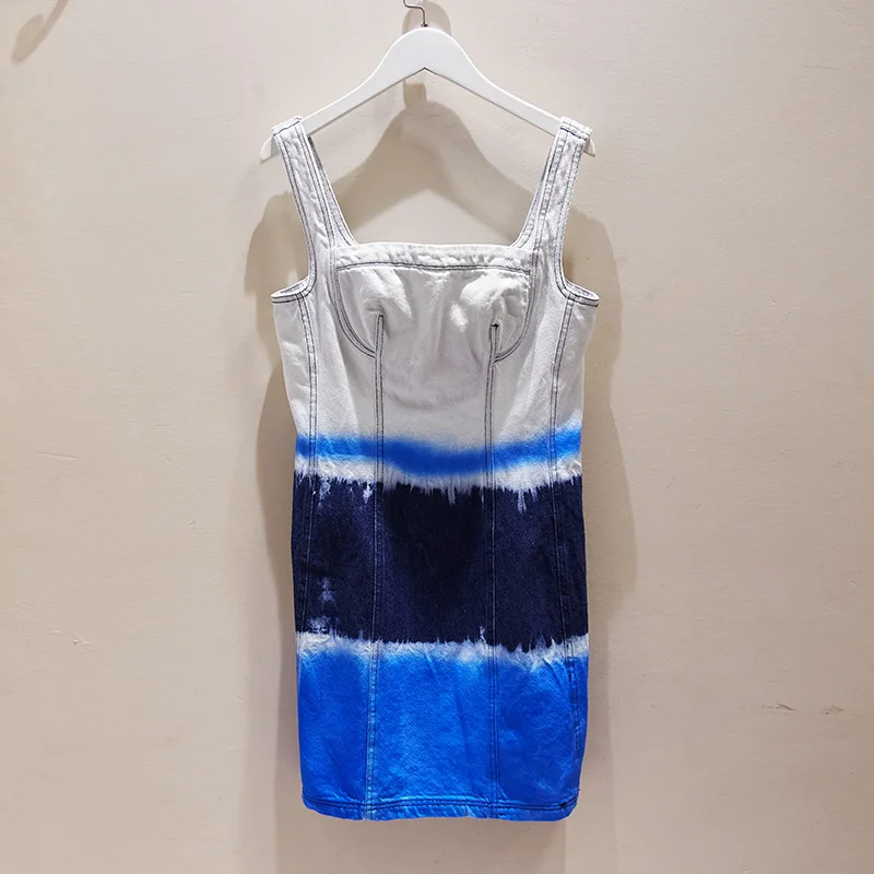 

Женское джинсовое платье с квадратным вырезом, короткое приталенное платье из денима с подтяжками, с цветными вставками, весна-лето