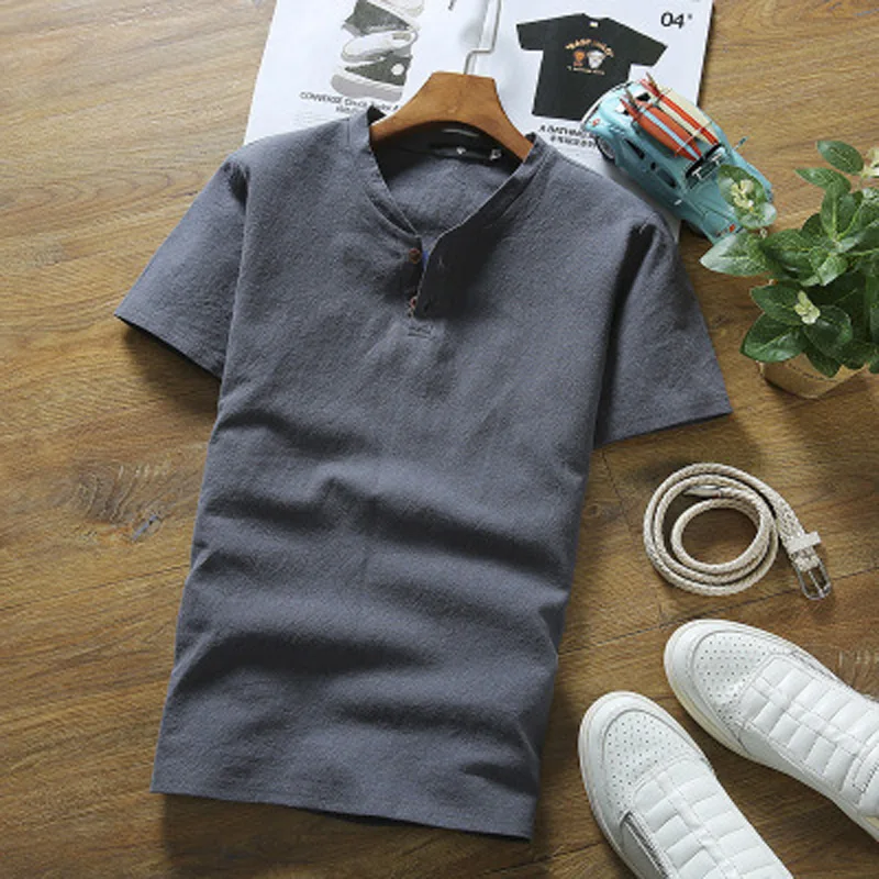 One t-shirt 5 Китайский стиль, летний мужской льняной костюм Тан, футболка с короткими рукавами и v-образным вырезом+ шорты, комплект одежды, дышащие восточные костюмы - Цвет: One t-shirt 5