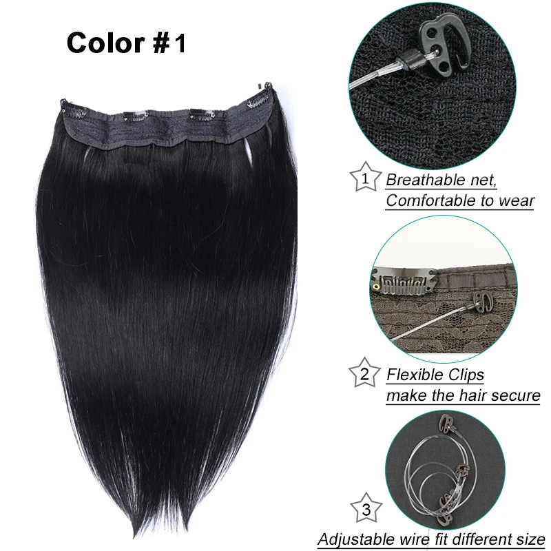 

Clip Halo Hair Extension Black Color 1 Fish Line Human Hair Extension Straight Hairpiece For Women
