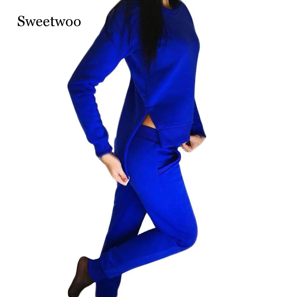 Blue Спортивный костюм для женщин, комплект для йоги, спортивная одежда для женщин, с длинным рукавом, с разрезом, одноцветные толстовки, комплект из двух предметов, Топы+ штаны, спортивный костюм - Цвет: Blue