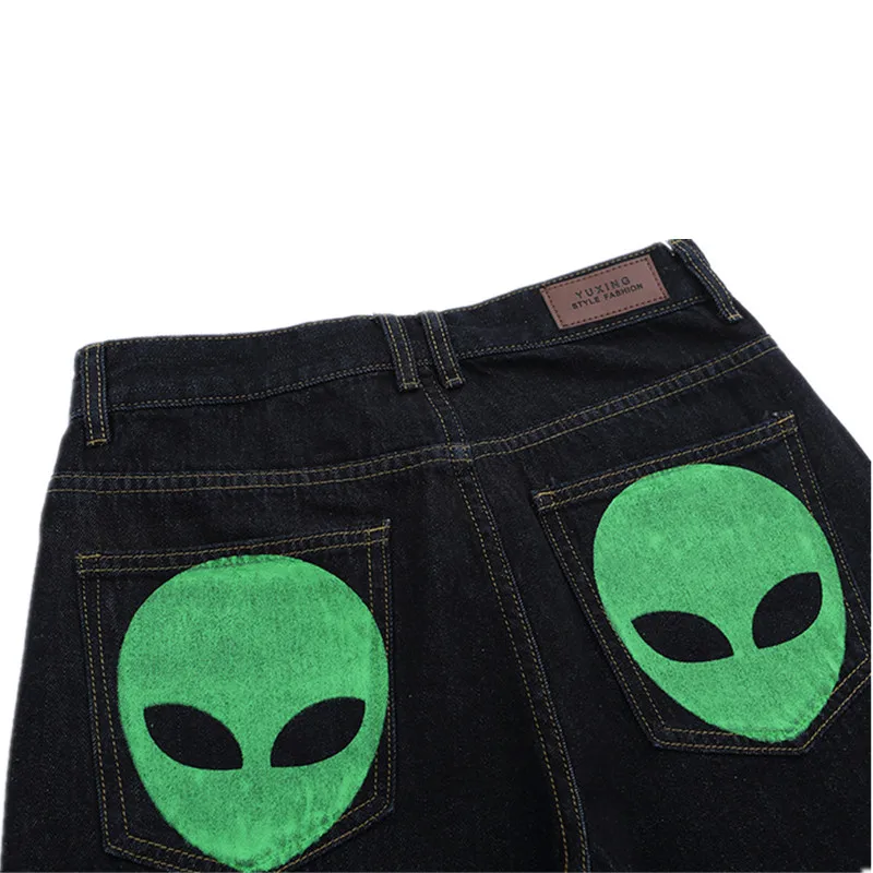 2021 Cartoon Alien Avatar Print Black Straight Oversized Men Denim Trousers Preppy Style Casual Punk Jeans Pants Pantalon Homme