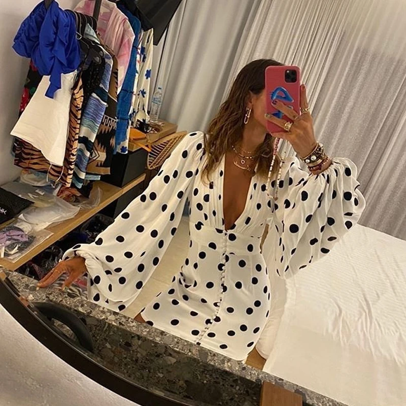 Женское облегающее платье Feditch белое в горошек с глубоким v образным вырезом и