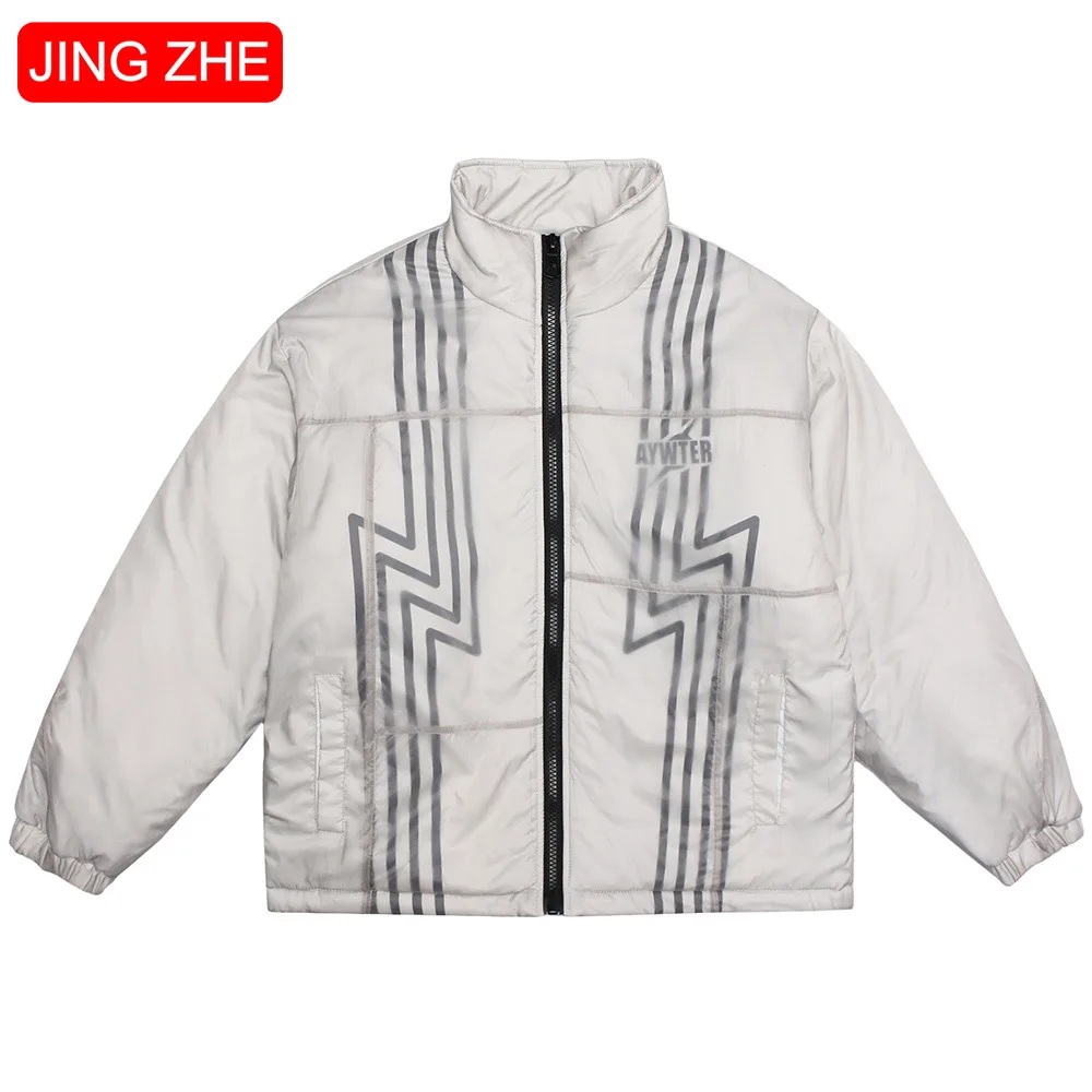 

JING ZHE Mens Hip Hop Bomber Jackets Lightning Print Jacket Windbreaker Harajuku Streetwear Warm Parkas Winter Men's Jacket Coat