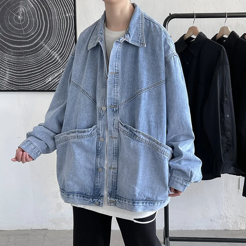

Autumn Cotton Denim Jacket Men's Fashion Retro Blue Black Pocket Utility Jackets Mens Streetwear Loose Hip-hop Bomber Jacket Men