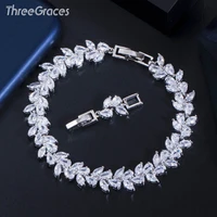 threegraces shiny marquise cut cz silver color leaf shape link chain bracelet bangle for brides wedding party prom jewelry br155