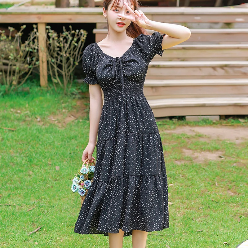 Dresses Woman Party Night 2020 Summer New Dress Women's Shorts Sleeve High Waist Purple Dotted Print Women 138C | Женская одежда