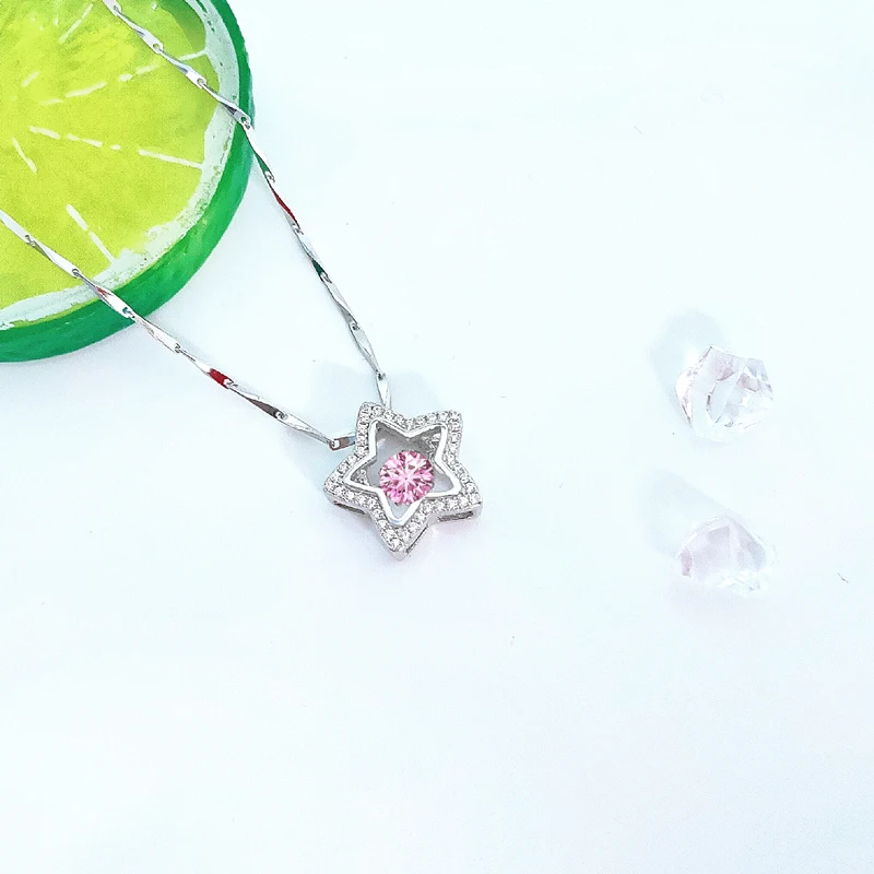

Trendy 925 Sterling Silver Necklace Pink CZ Start Dancing Pendants Necklace For Girl Gift Fine Jewelry