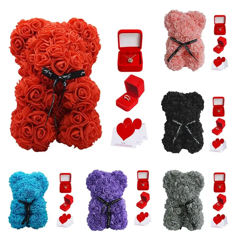 

Rose Bear Lovely Beautiful Teddy Bear Rose For Wedding Birthday Women Gift With Silver Ring Projection Necklace And Gift Box