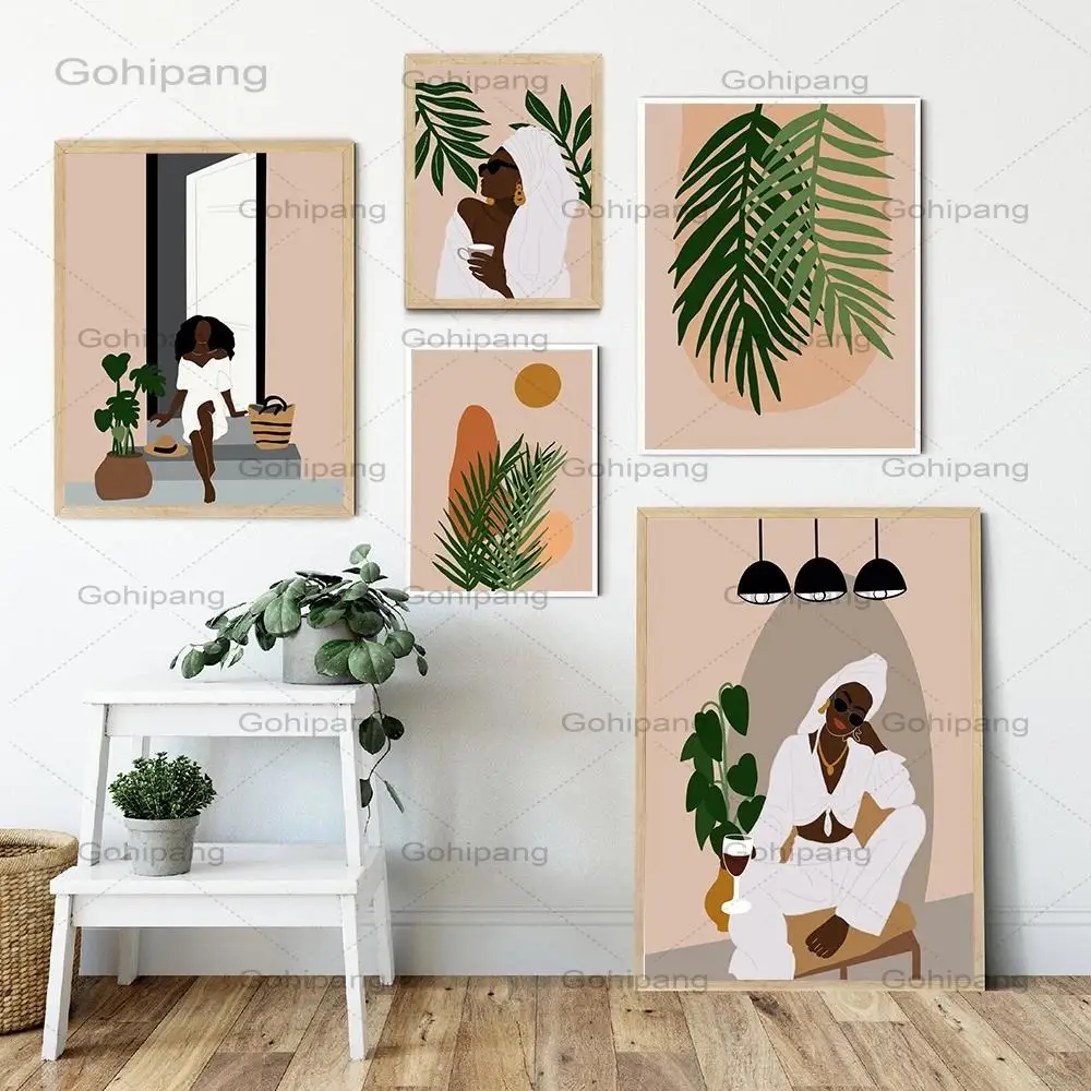 

Modern Fashion Canvas Painting Girl Palm Poster and Print Wall Art Pictures for Living Room Home Decor Black Skin Woman No Frame