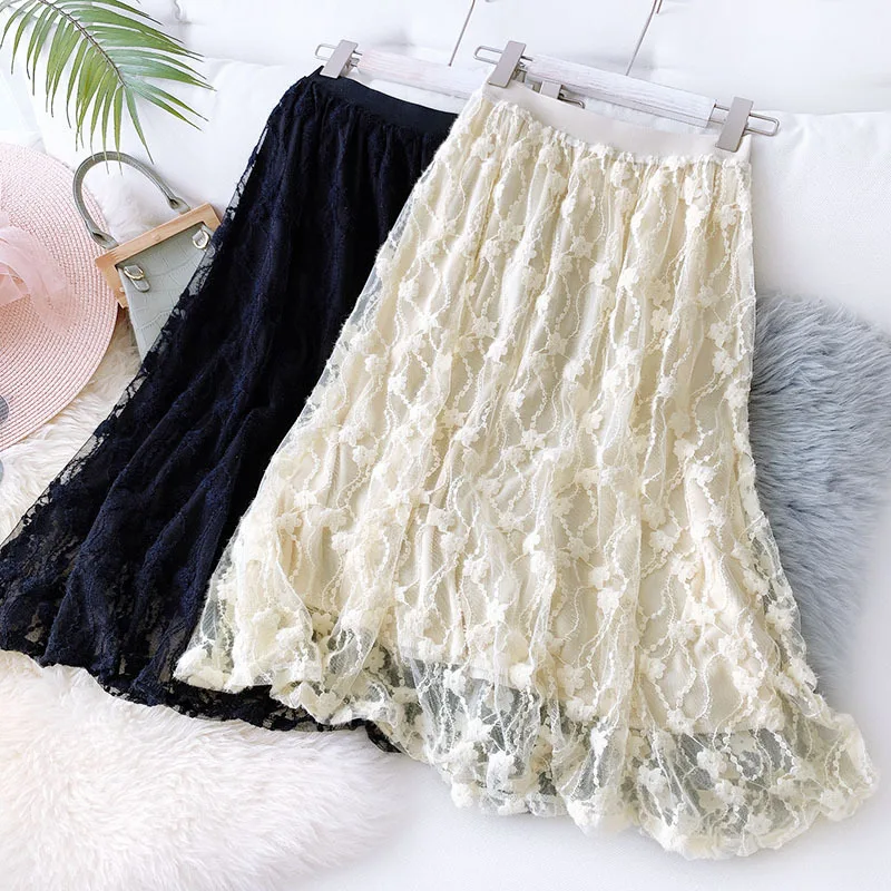 2020 Женская однотонная кружевная Вязаная весенняя длинная юбка винтажная