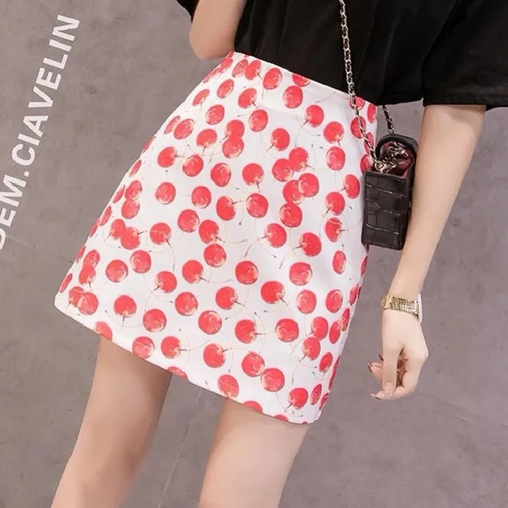 

Skirt Faldas Kawaii Jupe Mini Women's Femme Korean Fashion Summer Dress Vetement 2021 Clothes Printing Cherry Red Cotton Commut