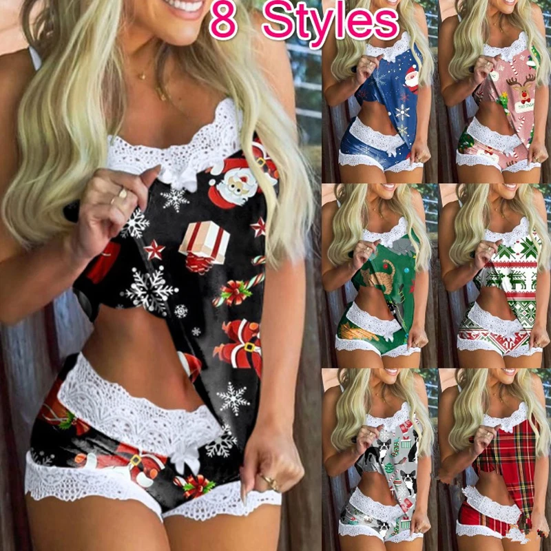 

2021 Women's Sexy Pajamas Elegant Lace V-Neck Pajama Sweet Printing Summer Women's Pajamas Fashion Home Suit for Women