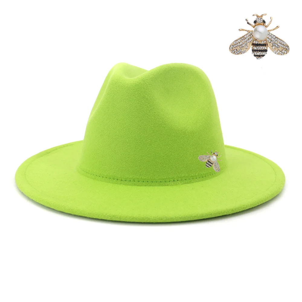 

Fashion Bee Fedora Hats Women Winter Elegant Solid Color Felt Panama Men Wide Brim Trilby Jazz Cap Gentleman Wedding Hat NEW2020