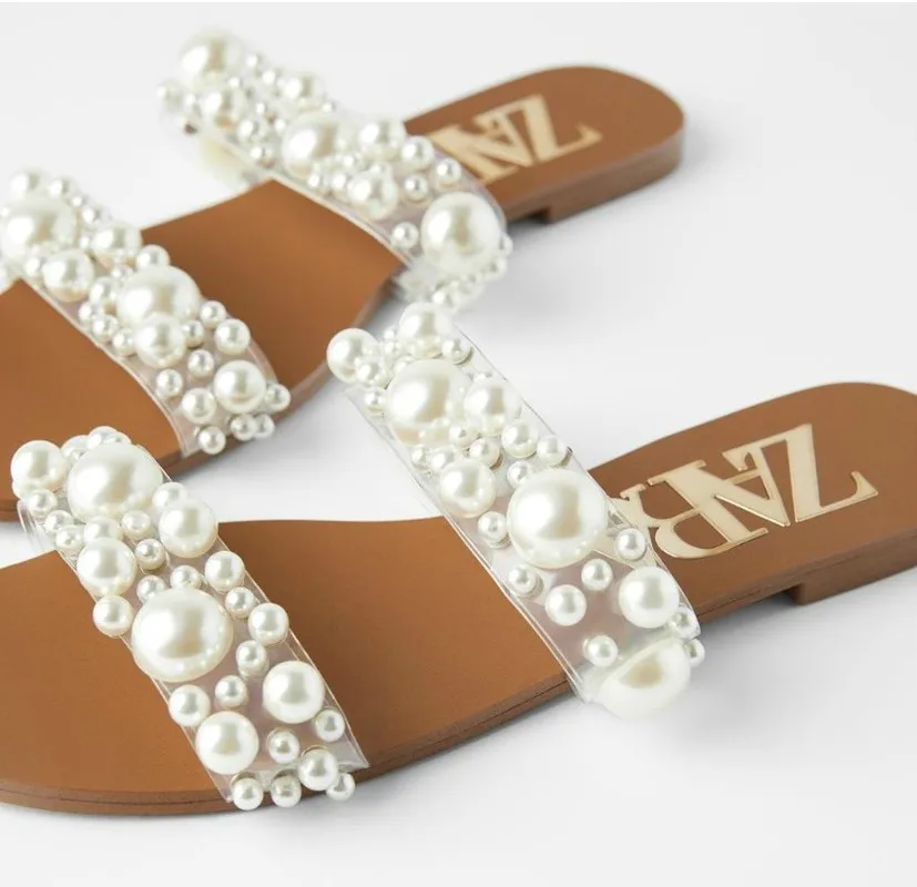 

Womens Pearls Decor Clear PVC Transparent Flats Slipper Slides Slingbacks Shoes Summer New Arrival Peep Toe Plus Size
