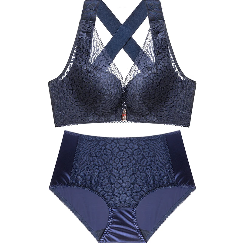 blue bra set Сексуальный кружевной комплект с бюстгальтером большого размера спереди, регулируемый бюстгальтер пуш-ап, большой бюстгальтер и трусики, комплект женского нижнего белья - Цвет: blue bra set