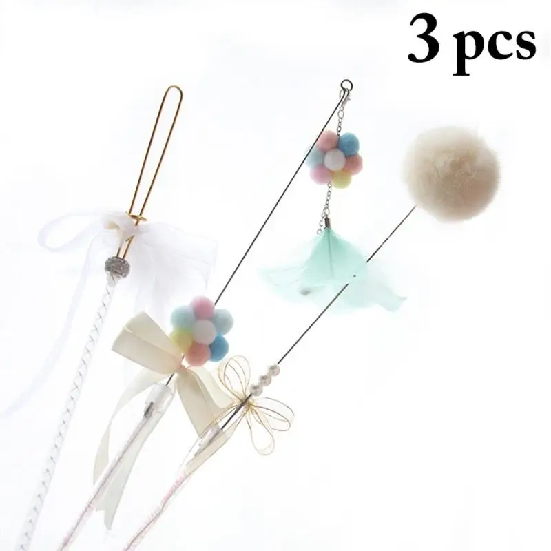 

3 Pcs/Set Interactive Cat Teaser Wand Fun Fake Feather Pom Pom Ball Cat Playing Teasing Toy Wand Pet Kitten Scratch Toy