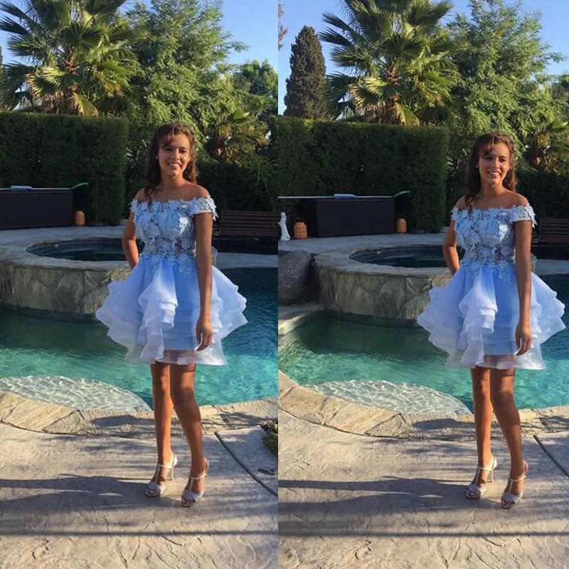 

New Arrival Light Blue Lace Prom Dress Short 2020Custom Made Short Cocktail Party Gowns A Line Homecoming Dresses
