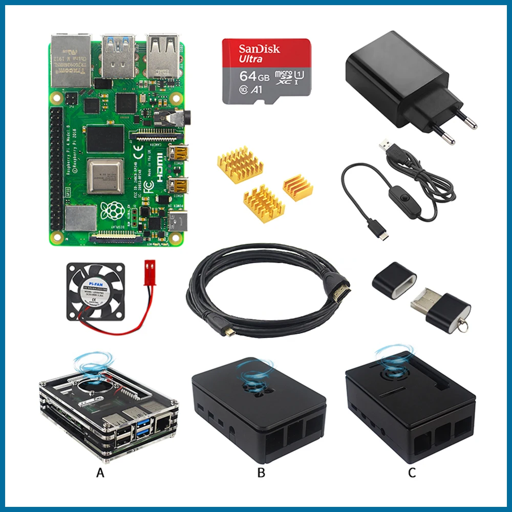 Чехол для Raspberry Pi 4 Model B + адаптер питания кабель HDMI радиатор SD карта 64 ГБ