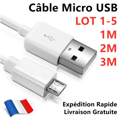 

Cble Chargeur Micro USB pour For Samsung A10 A3/A5/A7 S6 S7 J4/J5/J6 BLANC 1m/2m
