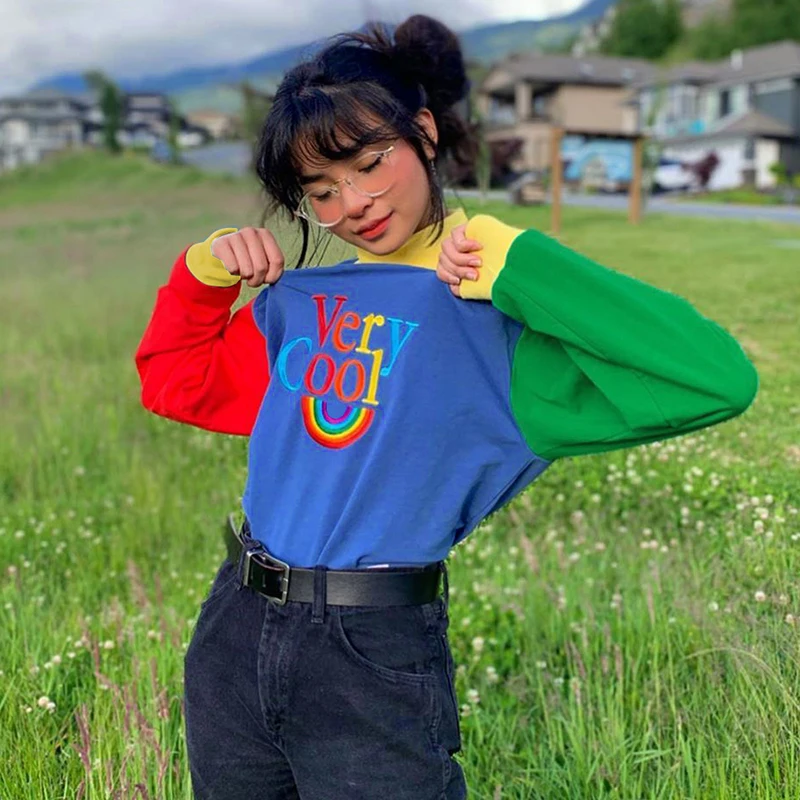 

Women Long Sleeve Spring Loose Pullover Rainbow Letter Print Sweatshirt Hoodies Oversized Color Patchwork Turtleneck Streetwear