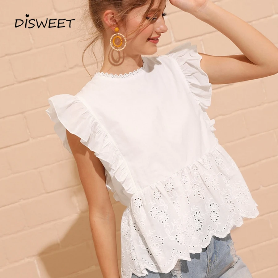 Женская Облегающая рубашка с оборками Однотонная без рукавов круглым вырезом и