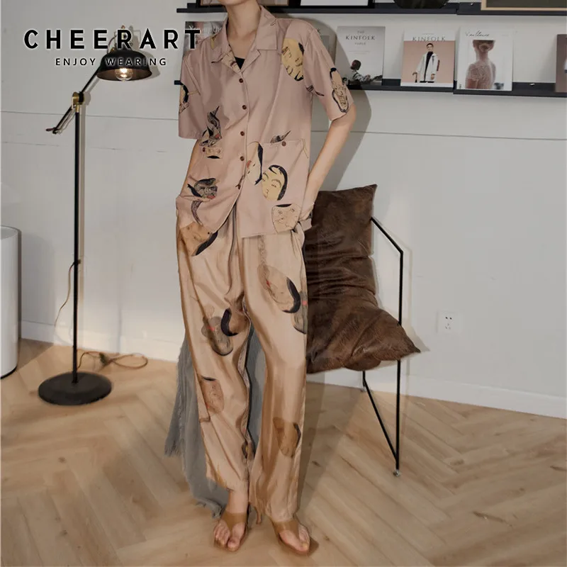 Брюки CHEERART Ukiyoe Hannya женские с принтом хаки свободные модные прямые штаны брюки