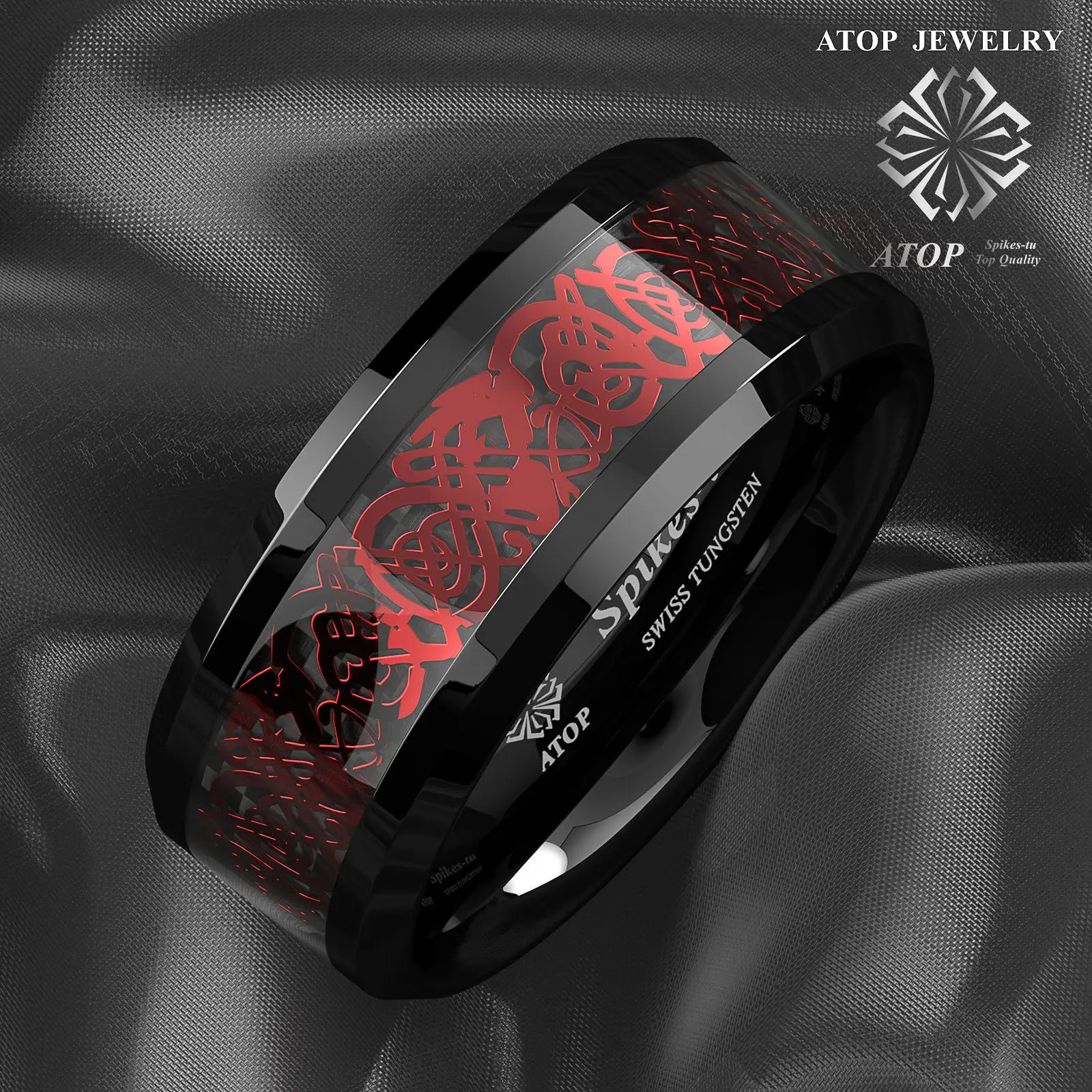 Черное вольфрамовое кольцо 8 мм с красным кельтским драконом черное из