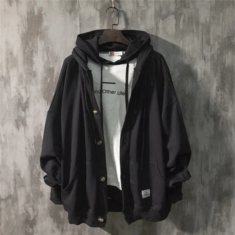 

Spring men oversize jacket fashion Couple Solid color thin loose hooded coat autumn mens Single-breasted Cardigan with hat Top