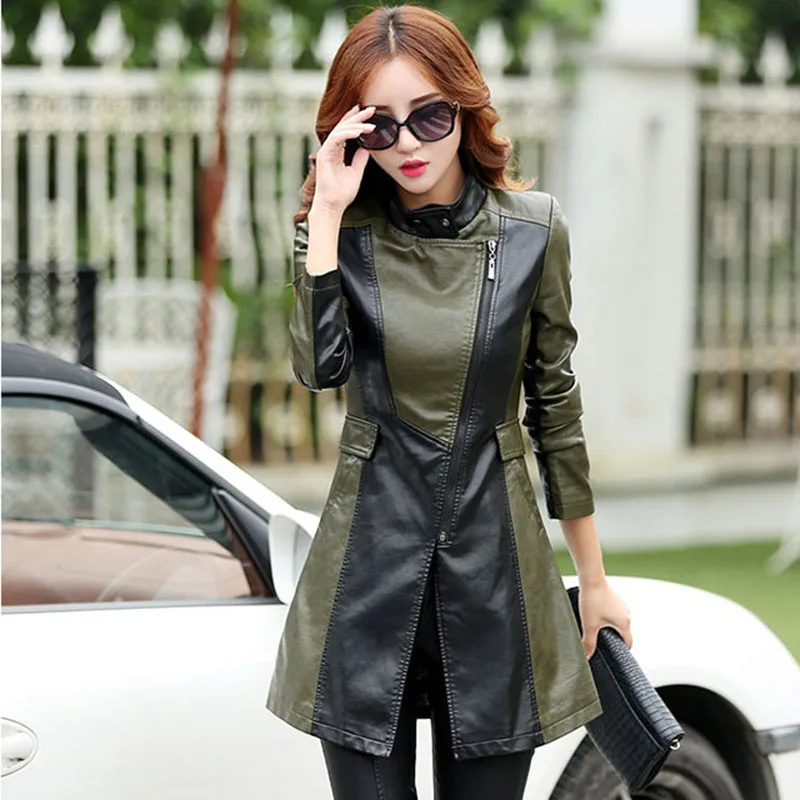 Куртка из искусственной кожи ветровка пальто женское осенне-зимнее длинное