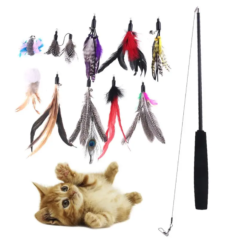 

10 шт. Замена кошка игрушка с перьями комплект Pet туннель Котенок стержень strechtable Дразнилка палочки игрушка для кошки забавные палка для упра...