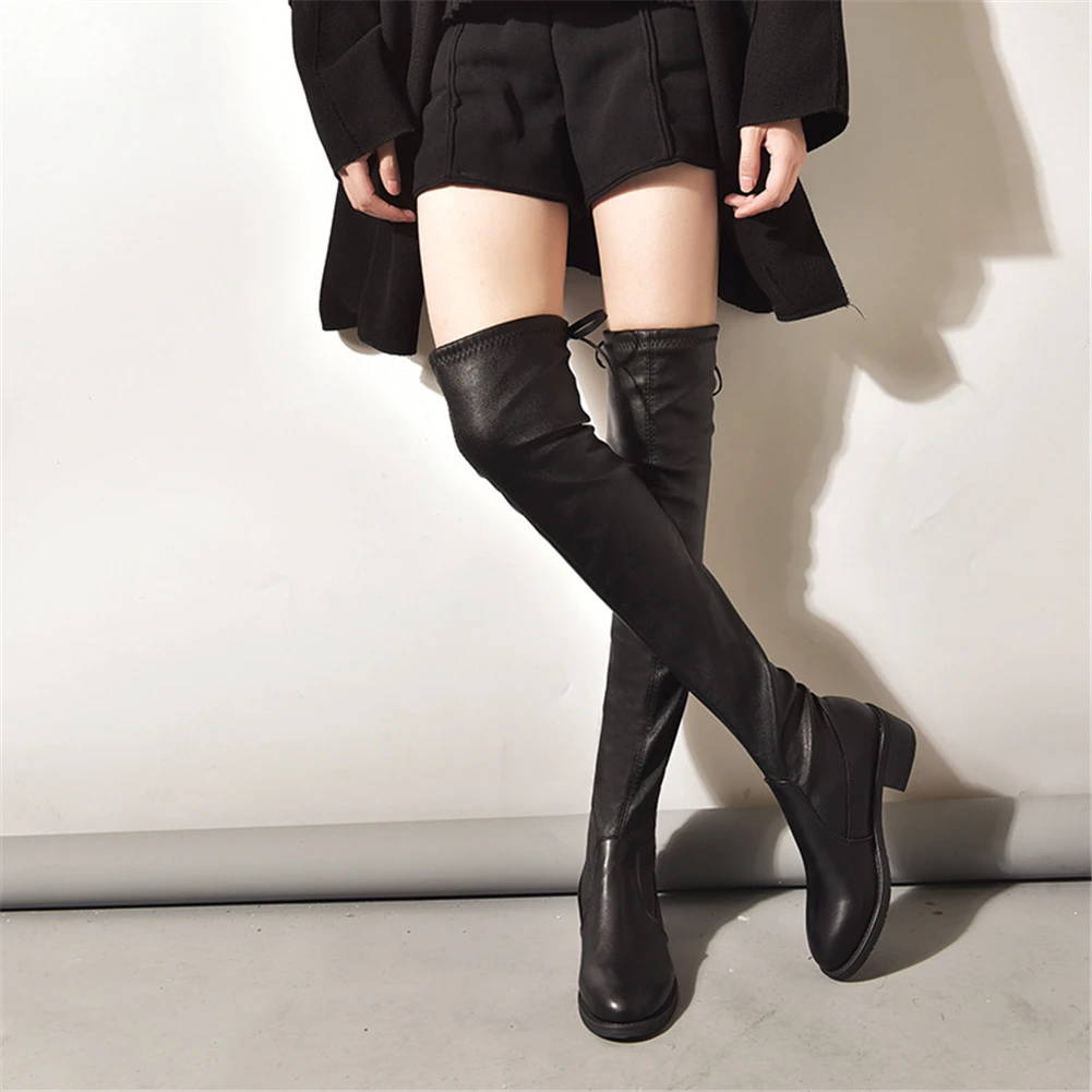 

BONJOMARISA 2020 New Elegant slip-on Soft Over The Knee Sexy Black Thigh High Boots Women Low Chunky Heels Shoes Woman