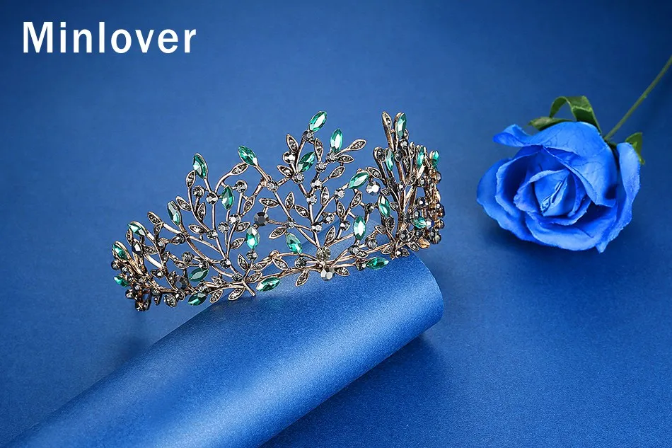 Minlover зеленый кристалл барокко невесты диадемы и короны для женщин Свадебные украшения волос аксессуары королева диадема, Корона повязка на голову