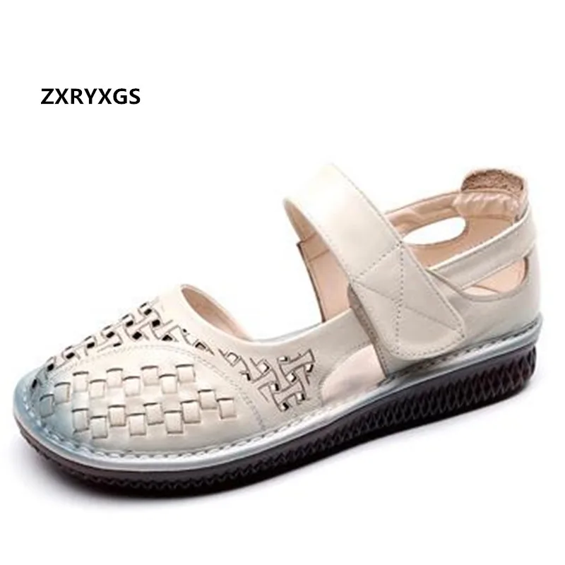 

2020 новые открытые сандалии из натуральной кожи с круглым носком; Женская обувь на плоской нескользящей подошве; Удобные сандалии для мам; Мо...