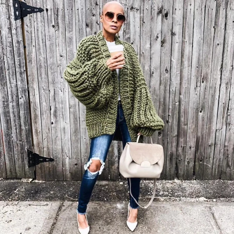

Coarse Knitted Sweater Women Za 2021 Spring Lantern Sleeve Cardigan Female Open Front Korea Sweater Coat American Cardigan