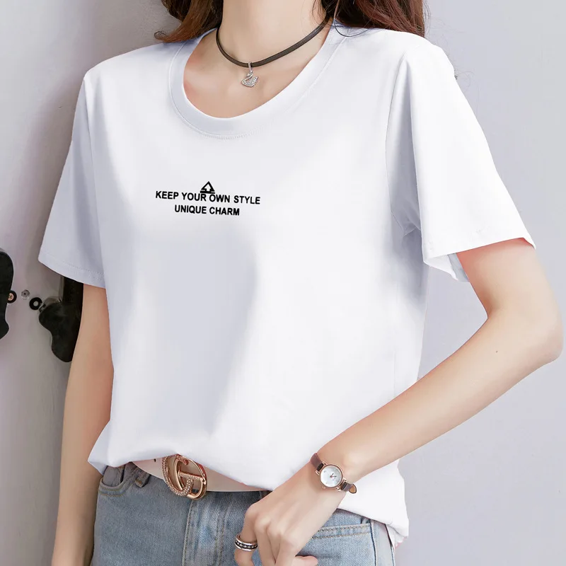 

Short-sleeved T-shirt women 2020 new summer dress all-match printing loose plus size top white
