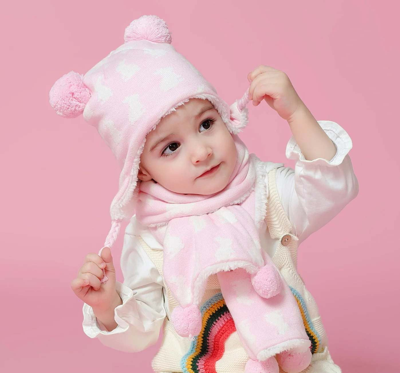 

Connectyle Toddler Infant Girls Cute Cartoon Cotton Kids Hat Sherpa Lined Knit Winter Hats with Earflap Beanie Hat With Pom-Pom