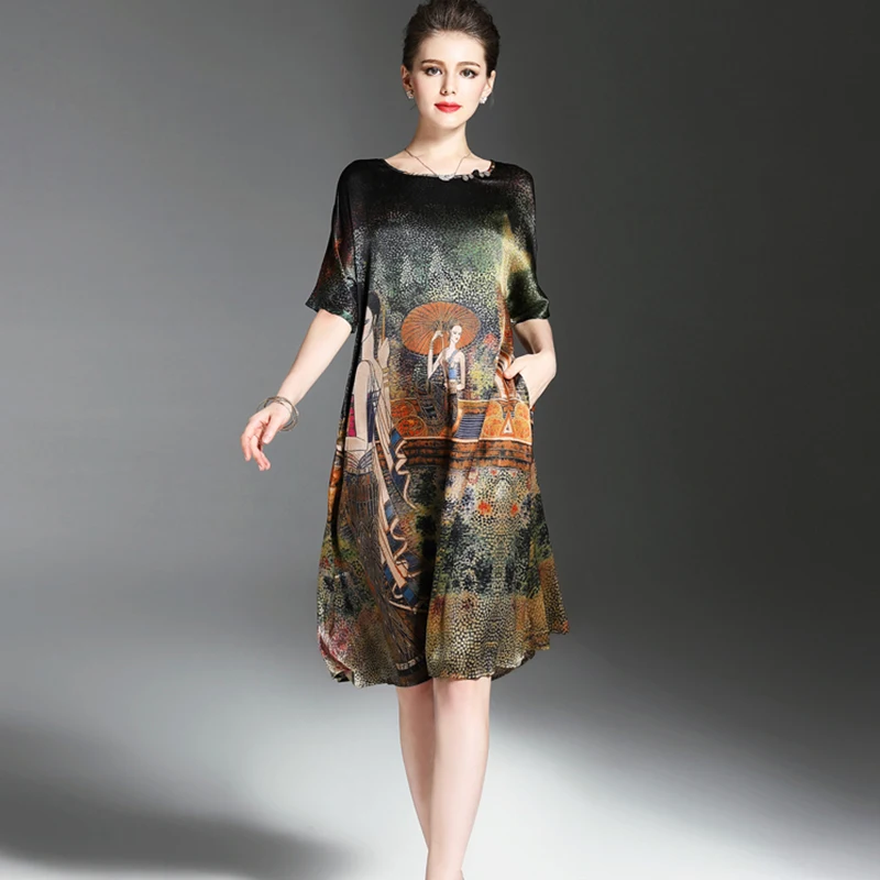 Женское шелковое платье с принтом свободное элегантное винтажное большого