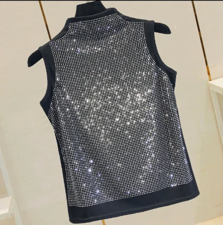 

Summer Sleveless T-shirt Lady Slim Semi-High Collar Hot Drill Basic Shirts Female Personality Tops All-match