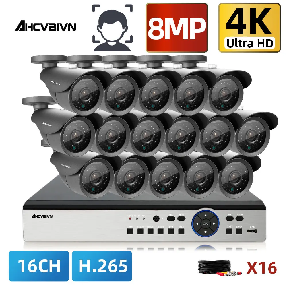 

H.265 + 16 каналов 8.0MP система видеонаблюдения 4K AHD DVR комплект HD 8MP SONY сенсор наружная камера безопасности IP66 ИК цилиндрическая камера 1/2/3/4 ТБ
