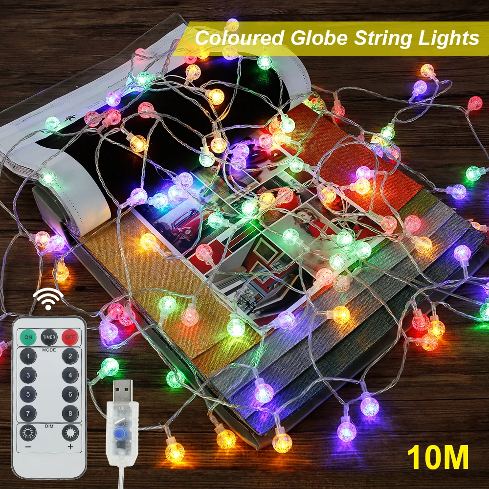 

10m/32.8ft Coloured USB Indoor Outdoor Flexible Light for Party Decor Globe String Lights Globe Fairy Lights with Remote Control