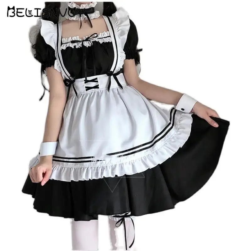 

Japanese Kawaii Soft Girl Lolita Style Women Dress Suit Sweet Splicing Maid Party Outfit Cute Bow Ruffles Maid Cosplay Costumes
