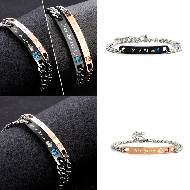 

Latest Men's Women's Couple Bracelet Classical Chain Stainless Steel Lover's Bracelet Heart Print Crystal Bangle Fashion Gift