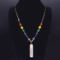 big long 7 color chakra natural stone stainless steel chain necklaces women gold color necklace pendant jewelry colgante n2s04