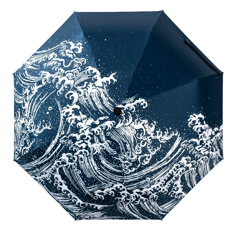 

New Japanese Kanagawa Surfing Three Folding Umbrella 8Rib Wind Resistant Frame For Women Waterproof Pencil Travel Umbrella