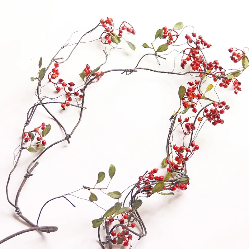 

Декоративный настенный искусственный цветок, Виноградная лоза, фруктовая ветка, красный ротанг, украшение для вечеринки, декор для рождест...